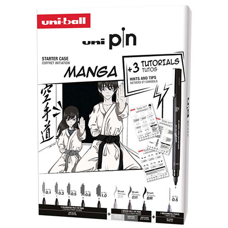 Uni Pin Manga Starter Case - assortiment van 8 stiften met gepigmenteerde inkt & 1 vulpolood - met 3 tutos