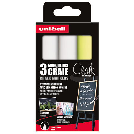 Uni Chalk Marker PWE-8K - kartonnen etui - 3 geassorteerde markers (2 witte - 1 fluo gele)