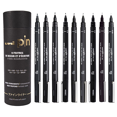 Uni Pin - gift box - 9 assorted fineliners with pigmented ink (0.03/0.05/0.2/0.4/0.6/0.8/1/1.2/brush tip)