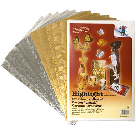 Ursus Highlight - carton métallisé 215g/m² - pochette de 12 feuilles 23x33cm - or & argent - 6 motifs assortis
