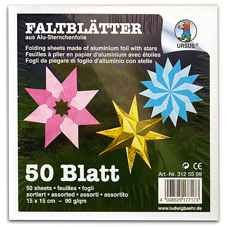 Ursus Film alu pour origami 90g/m² - imprimé 2 faces - 50 feuilles 15x15cm - étoiles - 10 couleurs assorties