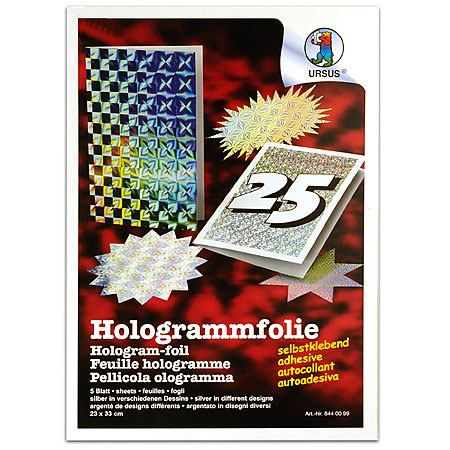 Ursus Holografische zelfklevende folie 50µ - mapje 5 vellen 23x33cm - 5 zilverkleurige motieven