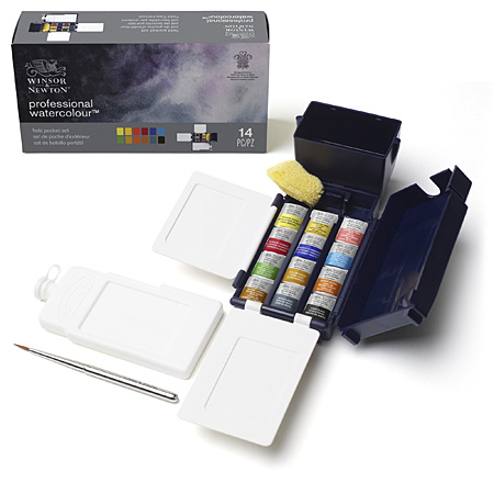 Winsor & Newton Professional Watercolour - Field Pocket Set - aquarelle extra-fine - boîte en plastique - 12 demi-godets & accessoires