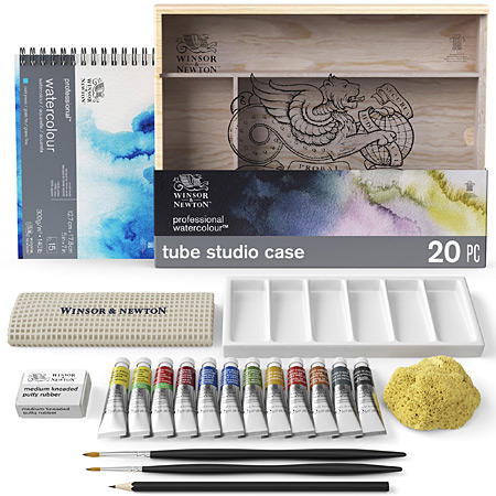 Winsor & Newton Professional Watercolour - Tube Studio Case - extra-fijne aquarelverf - houten doos - 12 tubes 5ml, 1 palet, 1 blok & toebehoren
