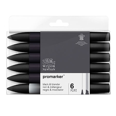 Winsor & Newton ProMarker - set of 5 black markers & 1 blender