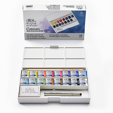 Winsor & Newton Cotman - Complete Pocket Set - fine watercolour - plastic box - 16 half pans, 1 pencil & 1 eraser