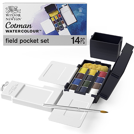 Winsor & Newton Cotman - Field Pocket Set - fine watercolour - plastic box - 12 half pans, 1 water bottle & accessories
