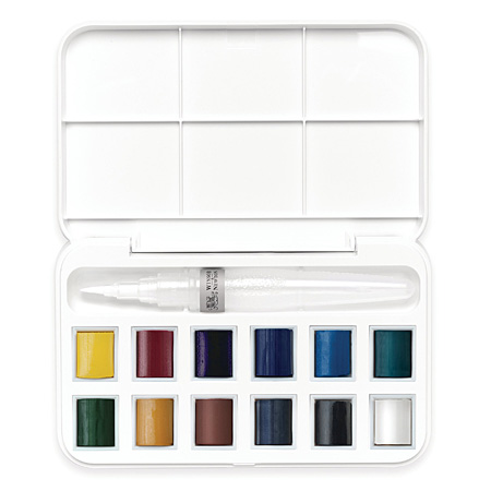 Winsor & Newton Cotman - Water Brush Pocket Set - fine watercolour - plastic box - 12 half pans & 1 waterbrush