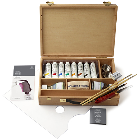 Winsor & Newton Artists' Oil Colour Studio Set - wooden box - 8 assorted 37ml tubes, auxiliaries & accessories