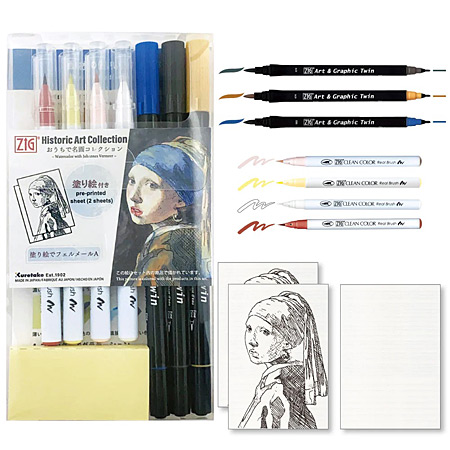 Zig Historic Art Collection - 7 assorted brush tip pens & 1 colouring card - Johannes Vermeer