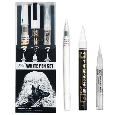 Zig White Pen Set - plastic pouch - 3 assorted