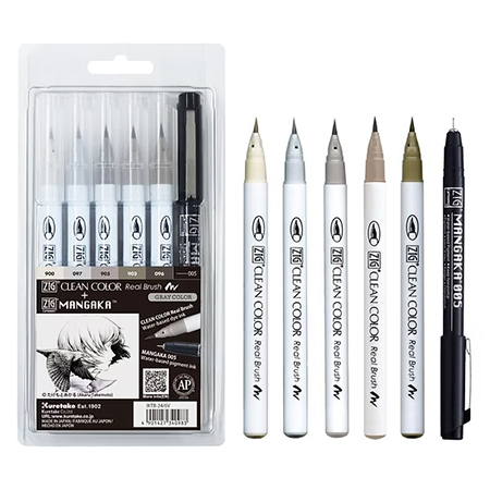 Zig Clean Color Real Brush + Cartoonist Mangaka Set - plastic pouch - 6 assorted pens