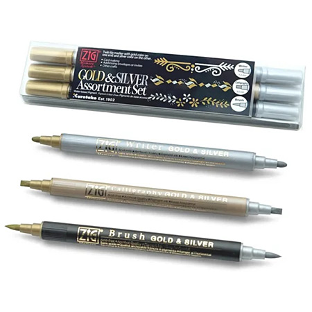 Zig Memory System - plastic pouch - 3 assorted bicolour pens (gold & silver)