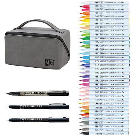 Zig Clean Color Real Brush/Cartoontist Mangaka - pennenzak met 36 penseelstiften, 2 gekalibreerde stiften & 1 penseelstift