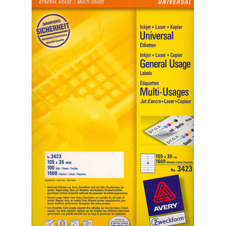 Avery Zweckform Etiquettes Universelles - 105x35mm - 16/page (100 feuilles) - coins droits - blanc