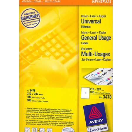 Avery Zweckform Universele Etiketten - 210x297mm - 1/blad (100 vellen) - rechte hoeken - wit