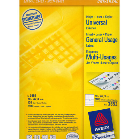 Avery Zweckform Universele Etiketten - 70x42,3mm - 21/blad (100 vellen) - rechte hoeken - wit