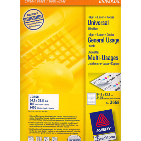 Avery Zweckform Universele Etiketten - 64,6x33,8mm - 24/blad (100 vellen) - rechte hoeken - wit
